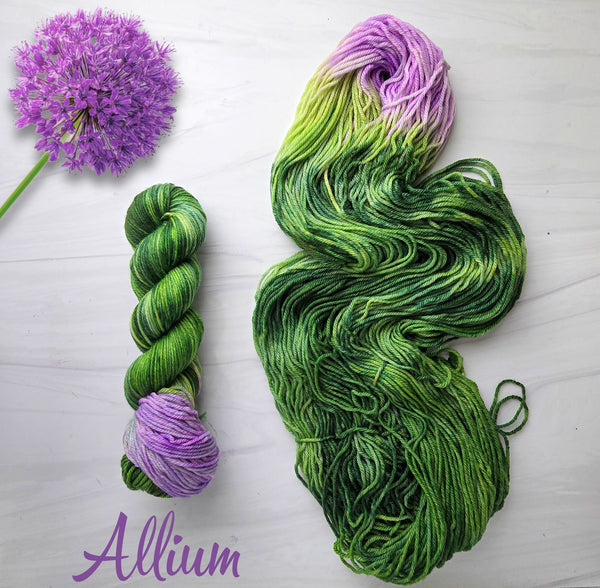 Allium - Hand dyed assigned pooling yarn - leafy grass evergreen green with a pop of lilac purple