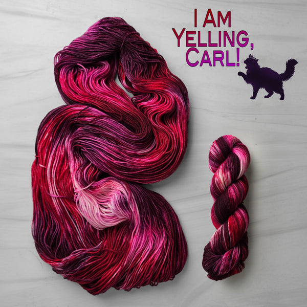 I Am Yelling, Carl! - Hand dyed variegated yarn, Fingering Weight, inspired by Dungeon Crawler Carl book series - pink red white maroon burgundy