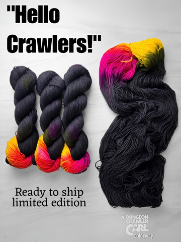 Hello Crawlers - ready to ship Hand dyed Assigned Pooling yarn, Fingering Weight, inspired by Dungeon Crawler Carl book series - dark charcoal with pop of yellow and magenta pink
