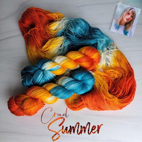 Cruel Summer - Hand dyed Variegated yarn -  Fingering to bulky-  teal white orange Taylor Swift inspired