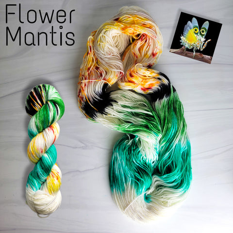 Flower Mantis- Hand dyed yarn - Fingering 400+ yards white orange green black