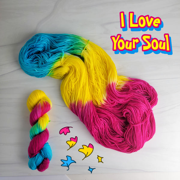 I Love Your Soul - pansexual flag - Hand dyed variegated yarn - blue yellow magenta pink -  gay pride LGBTQ