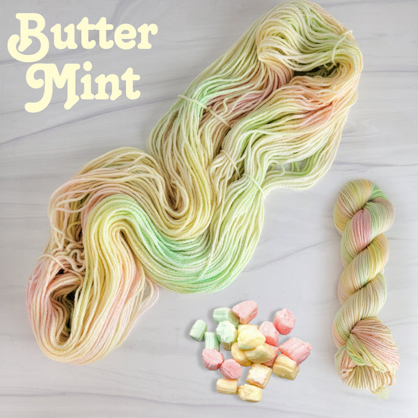 Butter Mint- Hand dyed yarn -  Fingering to bulky- padtel yellow pink blue