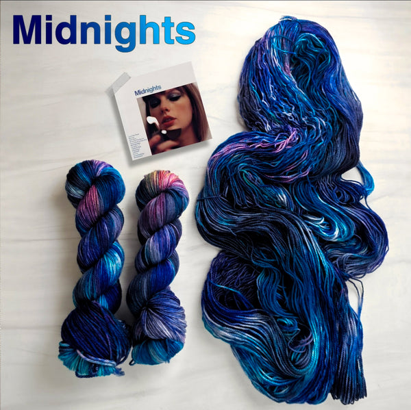 Midnights - Hand dyed yarn, blue sapphire maroon yellow grey-  Taylor Swift inspired yarn