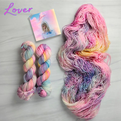 Lover - Hand dyed yarn, pink blue yellow-  Taylor Swift inspired yarn