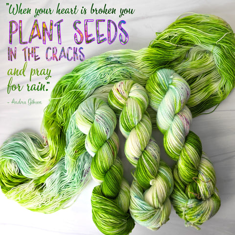 Plant Seeds in the Cracks - Hand dyed yarn, bright green soft teal white avocado lime with teal and purple pink speckles - Andrea Gibson Poetry inspired