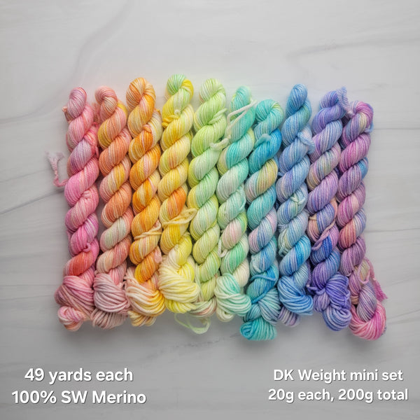 Ready to ship MINI DK fade set of 10 -  pastel rainbow set on DK weight SW Merino yarn 200g total 10 colors