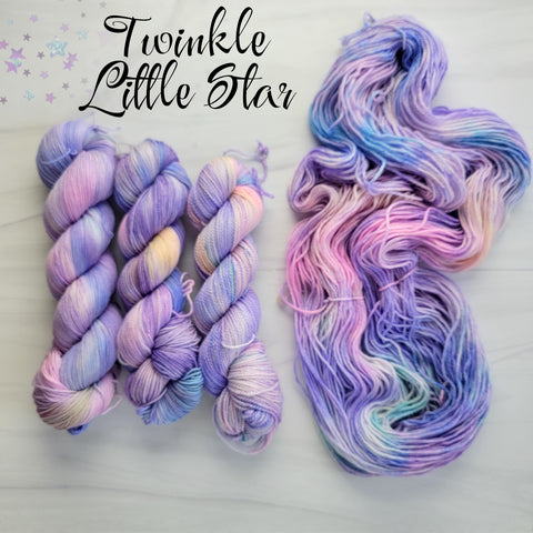 Twinkle Little Star - Hand dyed variegated yarn -pastel purple blue with rainbow pops - lullabies and nursery rhymes collection