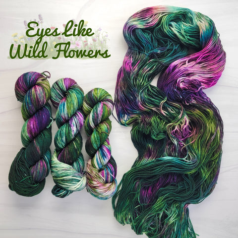 Eyes Like Wild Flowers - Hand dyed variegated yarn - Indie Song Tracks collection - Merino Fingering to worsted dyed to order - dark moss green with teal pink purple and speckles