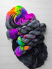 Mordecai's Special Brew - Hand dyed Assigned Pooling yarn, Fingering to Bulky Weight, inspired by Dungeon Crawler Carl book series- dyed to order - grey and Black with pop of neon rainbow