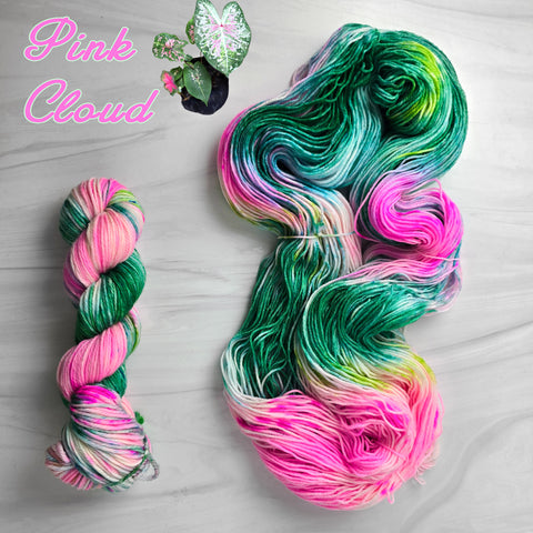 Pink Cloud - Hand dyed Variegated yarn -  Fingering to bulky - pink green teal spring flower colors caladium plant inspired
