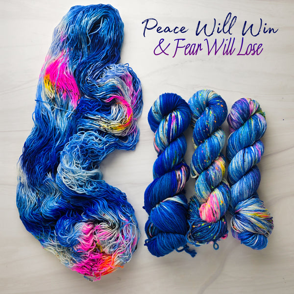 Peace will win and fear will lose - Hand dyed Variegated yarn - twenty one pilots inspired - Fingering to bulky- sapphire cobalt blue with rainbow splashes