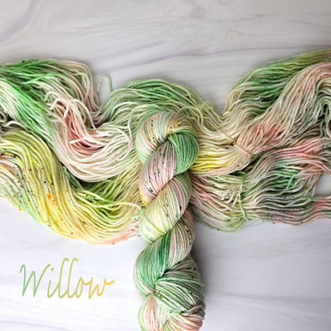 Willow - Hand dyed yarn - Taylor Swift inspired - pasted green pink yellow speckled evermore