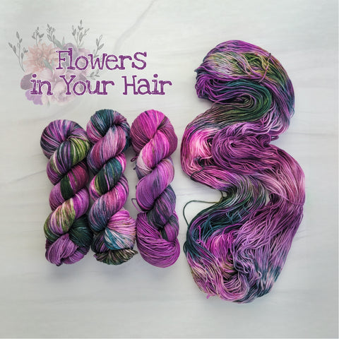 Flowers in Your Hair - Hand dyed variegated yarn - Indie Song Tracks collection - Merino Fingering to worsted dyed to order - dark purple pink with teal moss green and speckles