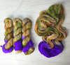 The Weaver's Cottage - Hand dyed yarn, Fingering Weight, assigned pooling inspired by ACOTAR by Sarah J Maas - Brown caramel green moss blue violet purple