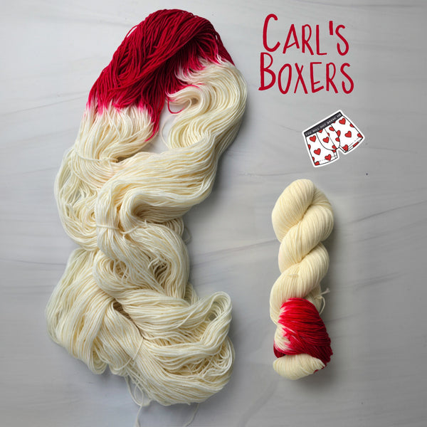 Carl's Boxers - Hand dyed Assigned Pooling yarn, Fingering Weight, inspired by Dungeon Crawler Carl book series - white with a pop of red