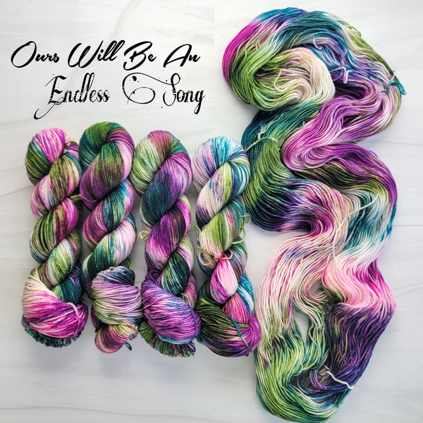 Ours Will Be An Endless Song - Hand dyed variegated yarn - Indie Song Tracks collection - Merino Fingering to worsted dyed to order - dark purple pink teal moss green white and speckles