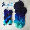 Starfall - Hand dyed assigned pooling yarn, Fingering Weight, speckled inspired by ACOTAR by Sarah J Maas - black midnight blue light aqua blue with blue speckles