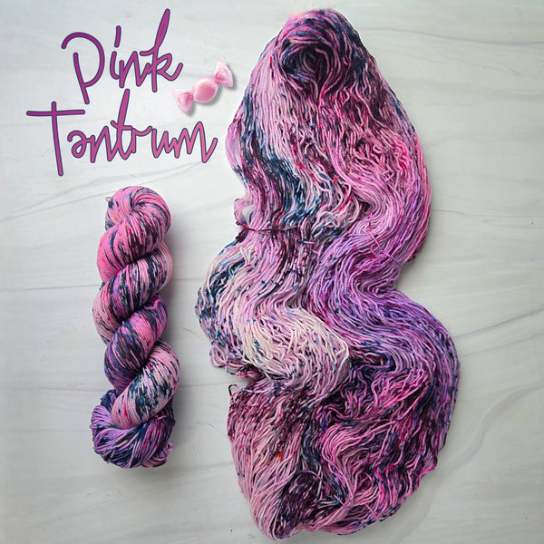 Pink Tantrum - Hand dyed yarn - dyed to order on fingering sock DK sport worsted Aran or bulky yarn - variegated pink purple yarn with heavy dark blue and pink speckles
