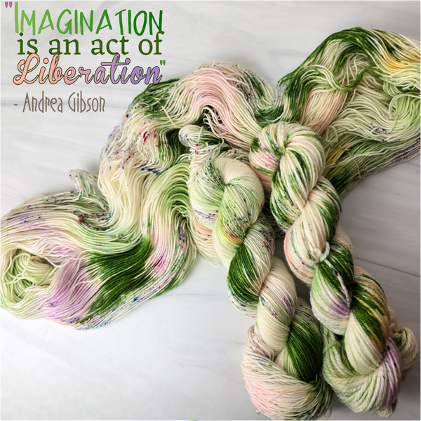 Imagination is an act of liberation - Hand dyed yarn, white with rich grass green and pastel purple pink peach yellow and speckles of mood green purple pink teal - Andrea Gibson Poetry inspired