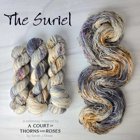 The Suriel - Hand dyed yarn, Fingering Weight, speckled tonal inspired by ACOTAR by Sarah J Maas - white cream yarn with grey Carmel brown violet purple black speckles