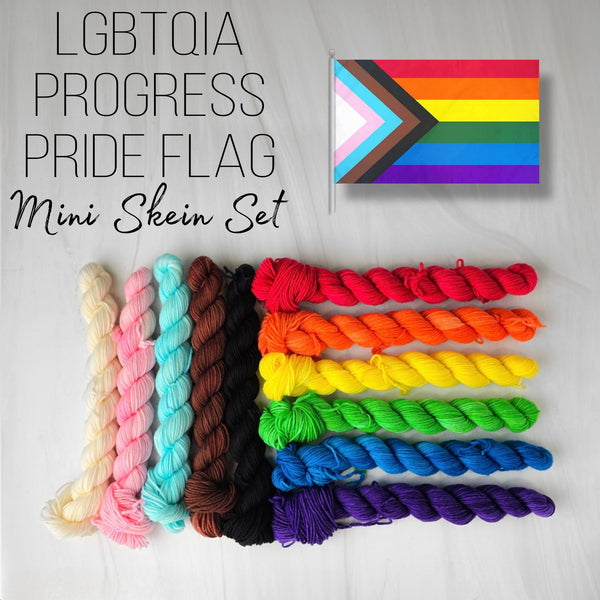 Pride Flag Trans BIPOC inclusive mini yarn set of 11 solid colored skeins - Hand dyed gradient LGBTQIA Progress Pride Flag