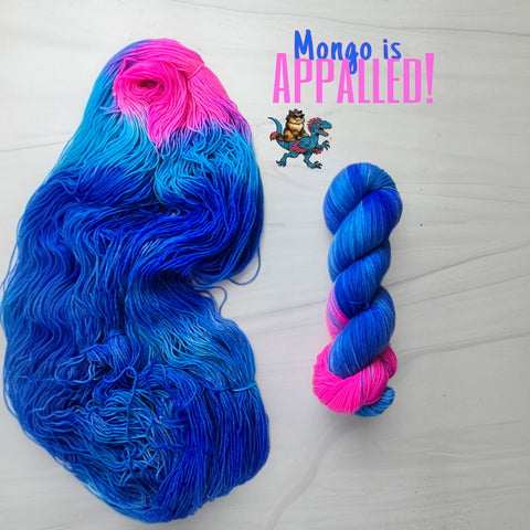Mongo is Appalled - Hand dyed Assigned Pooling yarn, Fingering Weight, inspired by Dungeon Crawler Carl book series - brilliant blue with a pop of hot pink