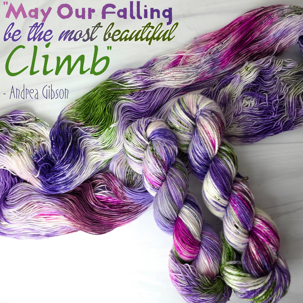 May our falling be the most beautiful climb - Hand dyed yarn, white pastel purple rich violet magenta grass green with speckles of teal pink purple green - Andrea Gibson Poetry inspired