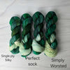 Midgard - Hand dyed Assigned Pooling yarn, Fingering Weight, speckled inspired by the Crescent City series by Sarah J Maas - multiple shades of green verdant kelly moss with a pastel green white speckled color pop