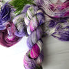 May our falling be the most beautiful climb - Hand dyed yarn, white pastel purple rich violet magenta grass green with speckles of teal pink purple green - Andrea Gibson Poetry inspired