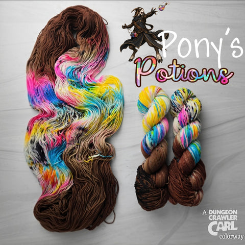 Pony's Potions - Hand dyed Variegated yarn, Fingering Weight, inspired by Dungeon Crawler Carl book series - warm brown with a pop of white splashed in rainbow and black purple speckles