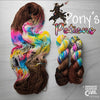 Pony's Potions - Hand dyed Variegated yarn, Fingering Weight, inspired by Dungeon Crawler Carl book series - warm brown with a pop of white splashed in rainbow and black purple speckles
