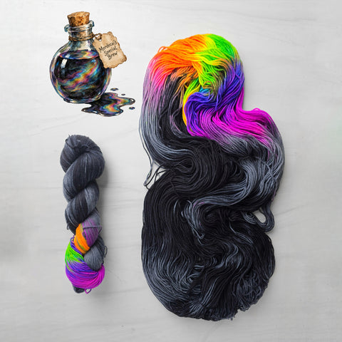 Mordecai's Special Brew - Hand dyed Assigned Pooling yarn, Fingering to Bulky Weight, inspired by Dungeon Crawler Carl book series- dyed to order - grey and Black with pop of neon rainbow