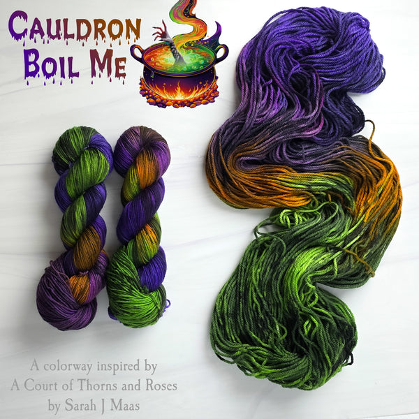 Cauldron Boil Me - Hand dyed yarn, Fingering Weight, Halloween yarn inspired by ACOTAR by Sarah J Maas - purple orange green