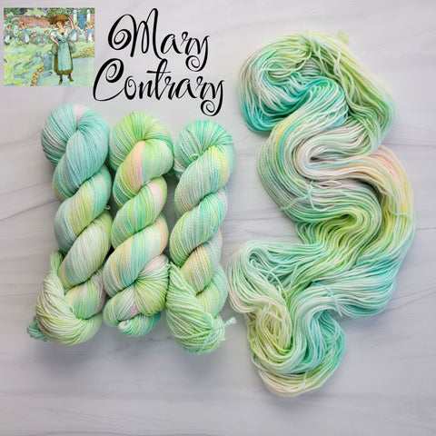 Miss Muffet - Hand dyed variegated yarn -pastel pink with rainbow pops -  lullabies and nursery rhymes collection