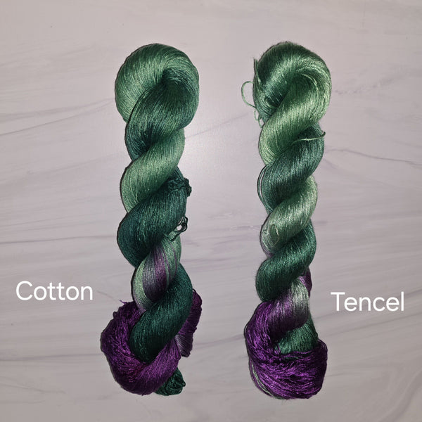 Tencel or Cupro Cotton - Ready to ship yarn - wool free yarn made from recycled rayon cotton - viscose cellulose silky yarn - 100g each 437 yards each green berry magenta assigned pooling