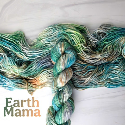 Earth Mama - Hand dyed variegated speckled yarn - Merino Fingering to worsted teal white pink brown yellow