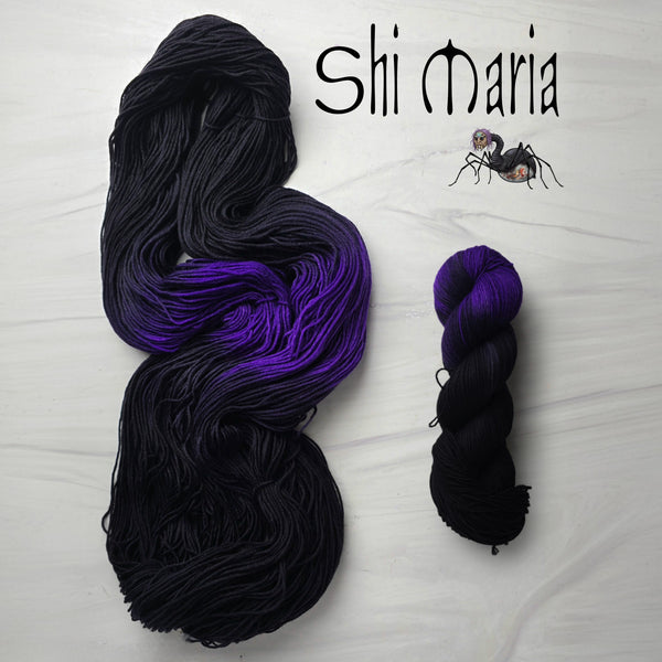 Shi Maria - Hand dyed Assigned Pooling yarn, Fingering Weight, inspired by Dungeon Crawler Carl book series - Black with pops of purple violet