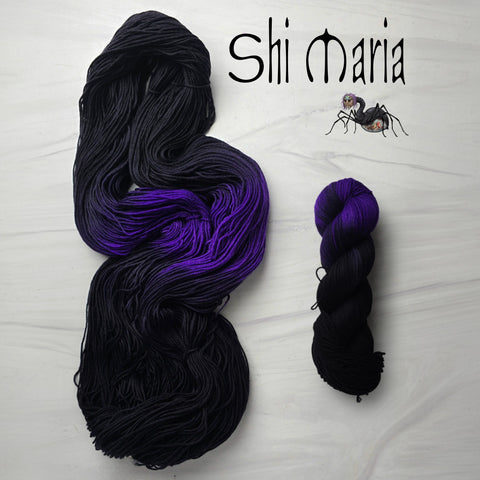 Shi Maria - Hand dyed Assigned Pooling yarn, Fingering Weight, inspired by Dungeon Crawler Carl book series - Black with pops of purple violet