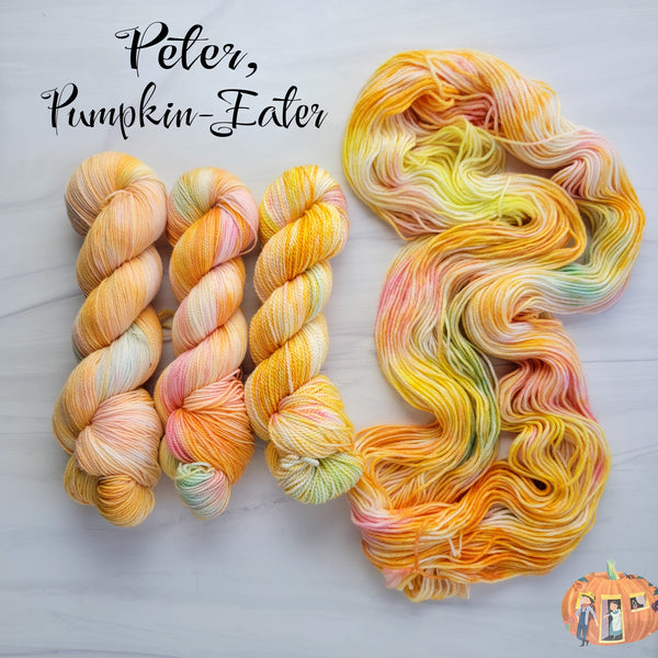 Peter Pumpkin Eater - Hand dyed variegated yarn -pastel orange with rainbow pops - lullabies and nursery rhymes collection