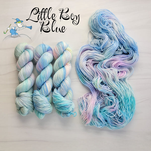 Little Boy Blue - Hand dyed variegated yarn -pastel purple blue with rainbow pops - lullabies and nursery rhymes collection