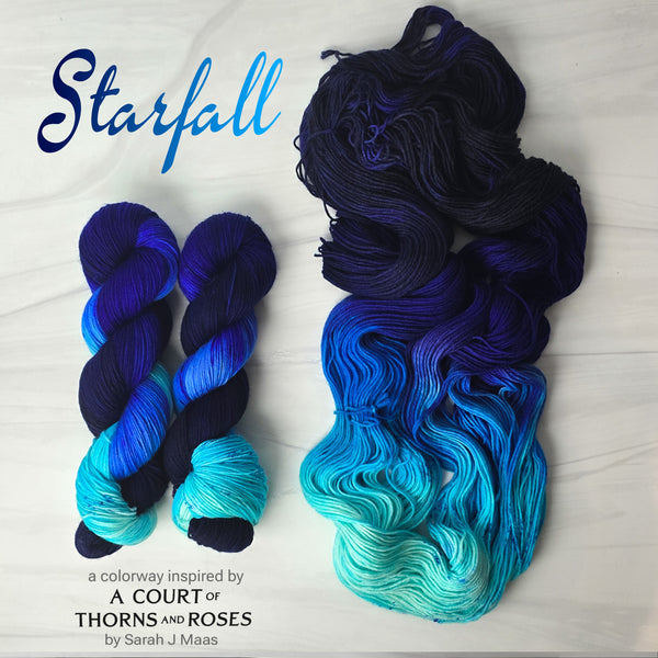 Starfall - Hand dyed assigned pooling yarn, Fingering Weight, speckled inspired by ACOTAR by Sarah J Maas - black midnight blue light aqua blue with blue speckles