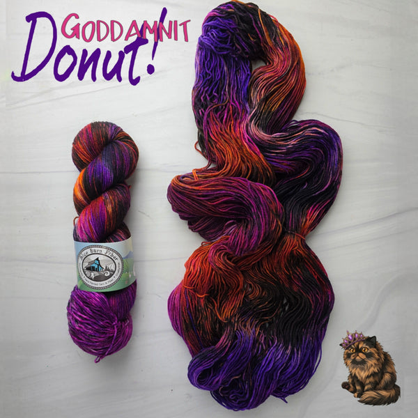 Goddamnit Donut! - Hand dyed variegated  yarn, Fingering Weight, inspired by Dungeon Crawler Carl book series - blend of tortoiseshell Brown orange black and purple violet dark berry pink