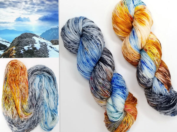 Mountains of the Moon - Hand dyed yarn - SW Merino Fingering Weight 438 yards - knitting crocheting weaving- brown orange grey blue spatter indie dyed