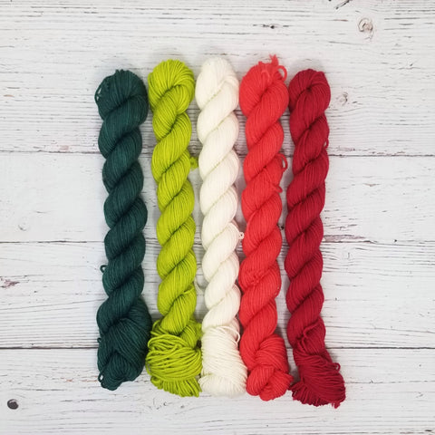 Simply Christmas Mini Yarn Set - 5 different colorways red white green- Hand dyed yarn