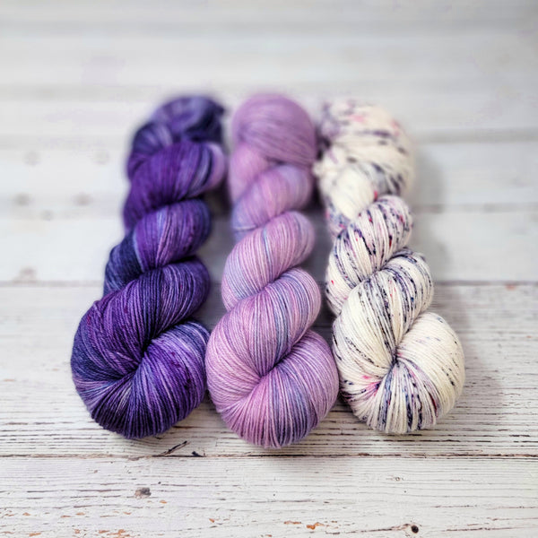 Purple Flowers Fade Set- Purple Heart, Blossom, Verbena - three 100g skeins of Hand dyed - yarn set