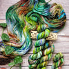 Light in the Forest -  Hand dyed variegated yarn - green purple blue lime toffee maroon