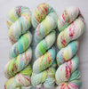 Zombie Chow - Hand dyed yarn, Fingering Weight, Halloween yarn -light lime teal green red speckles