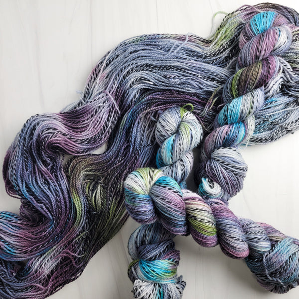 Through the Haze - Hand dyed yarn - Fingering Purple Blue Green grey