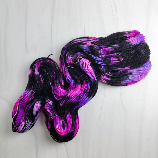 Andromeda - Hand dyed Variegated yarn -  Fingering to bulky-  Greek Goddess collection - pink purple black